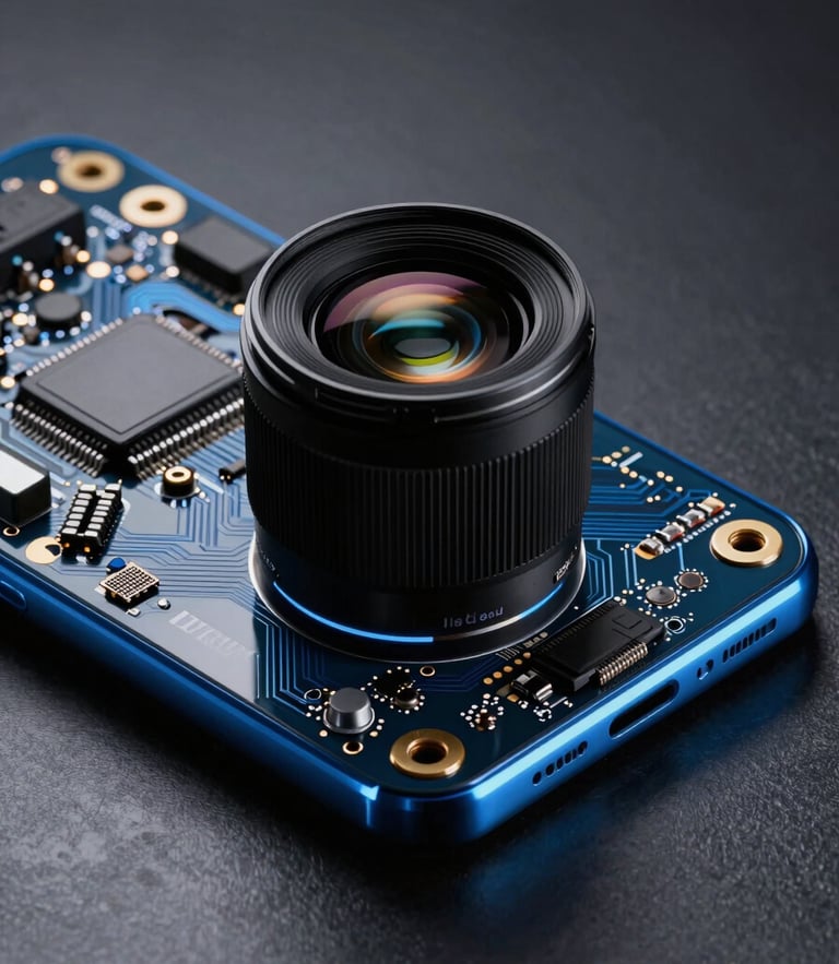 A crisp macro photograph of a flagship smartphone circuit board with electric blue rim lighting on a dark metallic background, 85mm lens