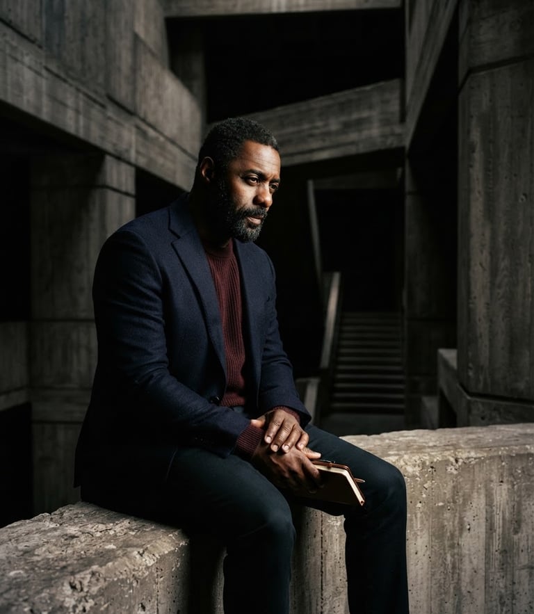 Dramatic editorial portrait of a contemplative man in a concrete architectural space, directional studio lighting, deep shadows, rich navy and oxblood tones, medium format film