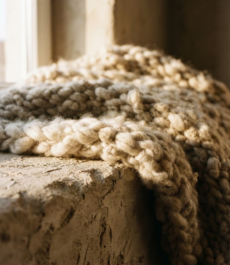 Tight macro shot of thick unspun wool blanket draped over a raw plaster ledge, low-angle warm golden-hour window light casting deep shadows, 35mm