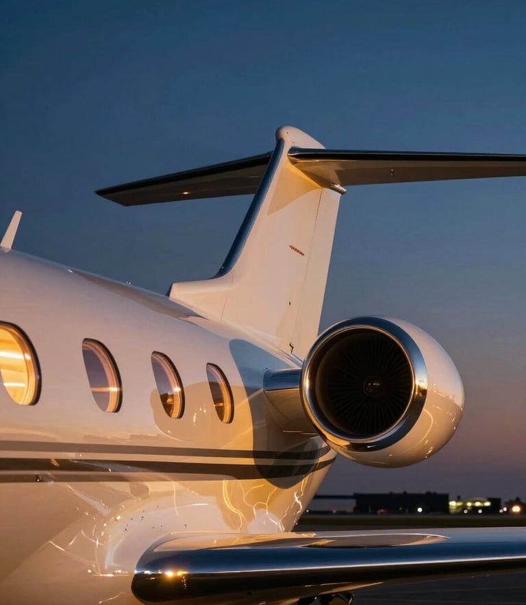 Cinematic editorial photography of a sleek private jet tail fin reflecting a deep indigo twilight sky, warm golden cockpit glow, clean composition, 35mm anamorphic lens.