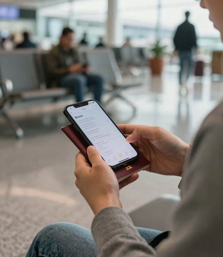 Candid view of a traveler holding a passport and sending a message on a phone, soft natural daylight in a premium modern airport lounge