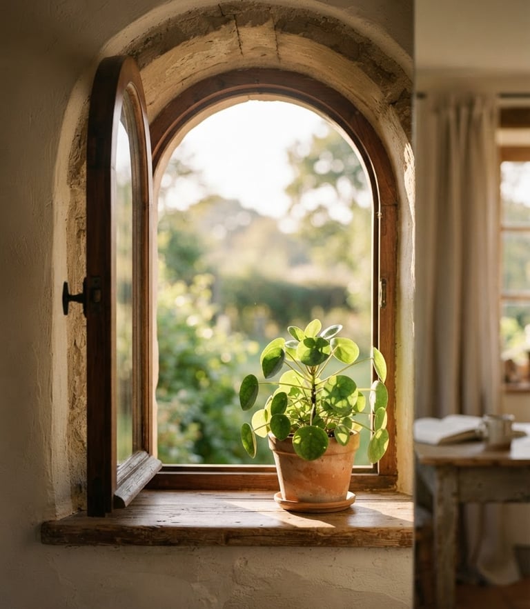 Soft morning sunlight filtering through an open wooden window arch, a calm green plant on the sill, warm editorial photography, shallow depth of field, hopeful