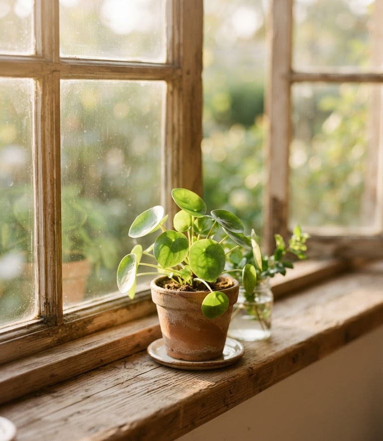 Warm editorial photography of soft morning sunlight filtering through a wooden window frame onto a small green plant, warm golden and earthy tones, shallow depth of field, representing safety and fresh beginnings, no people
