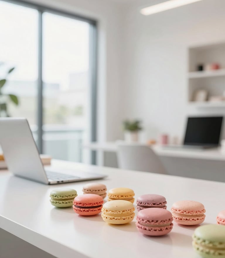 Bright editorial photography of a modern Fort Lauderdale creative workspace, soft natural daylight, pastel macaron tones, clean minimalist composition, 35mm lens