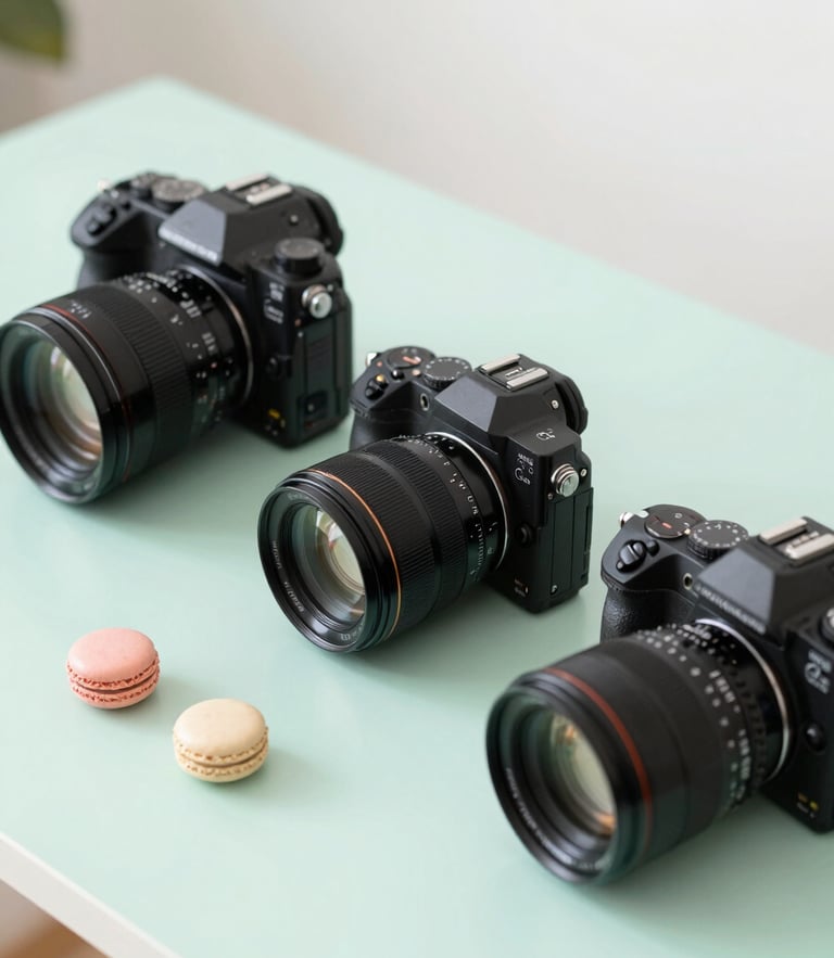 Bright editorial photography of high-end cinema cameras and creative tools arranged on a clean pastel mint desk, soft natural daylight, minimalist composition
