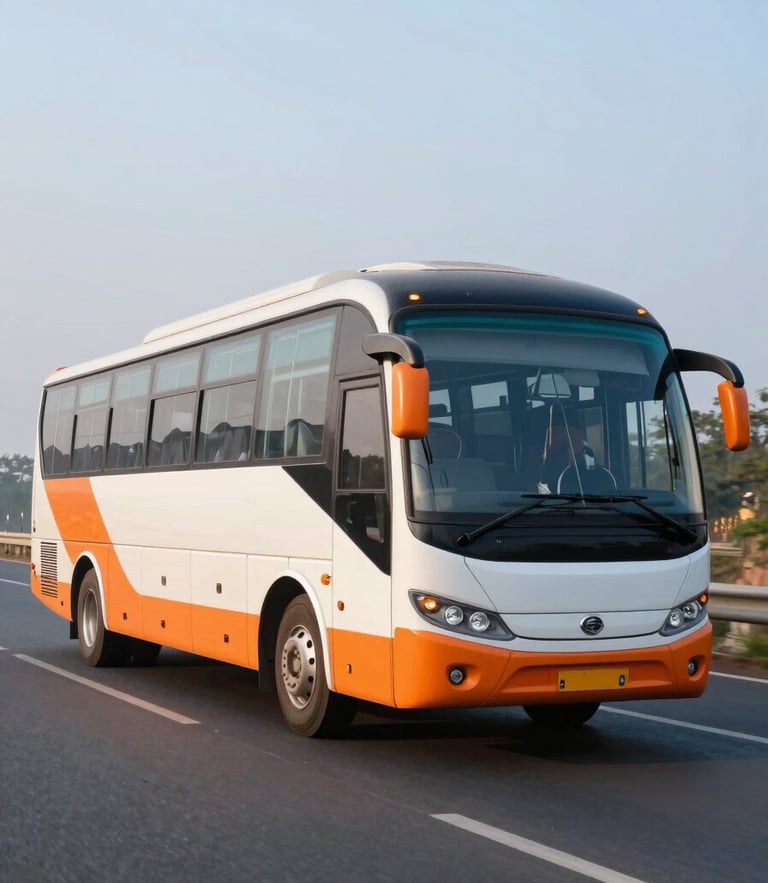 A modern intercity sleeper bus driving on a clean Indian highway at sunrise, sharp focus, vibrant orange accents, 35mm photography