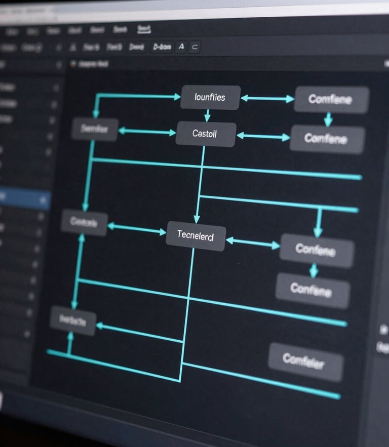 Macro close-up of a clean, dark-mode software dashboard showing automated data flow pipelines, sharp neon teal lines connecting node blocks, neutral studio lighting