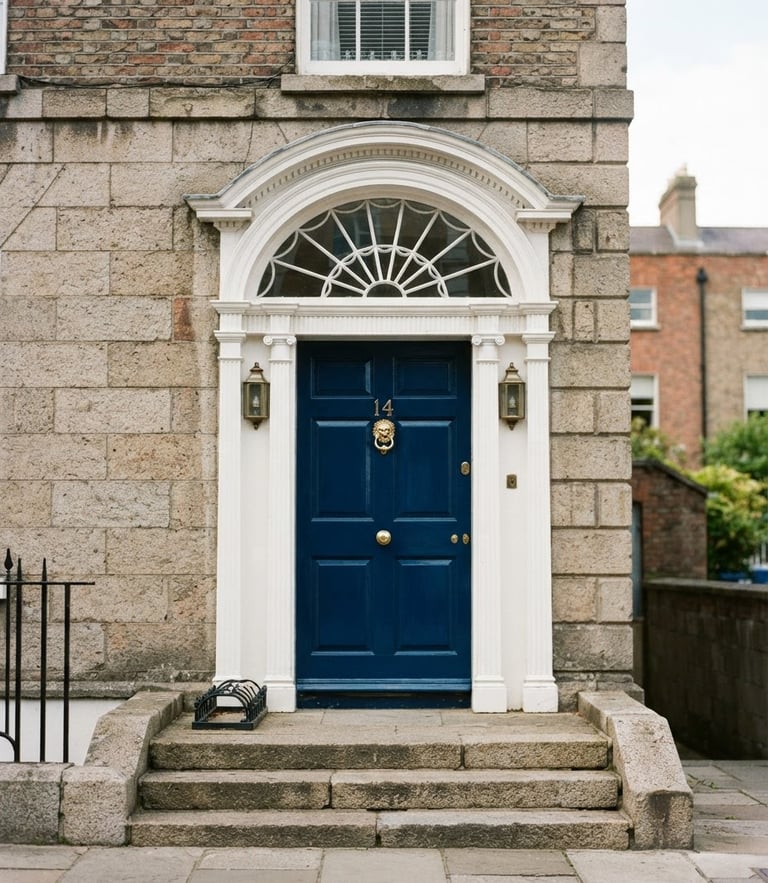 Crisp architectural detail of a Georgian doorway in Dublin, freshly painted in deep blue, bright natural daylight, 35mm