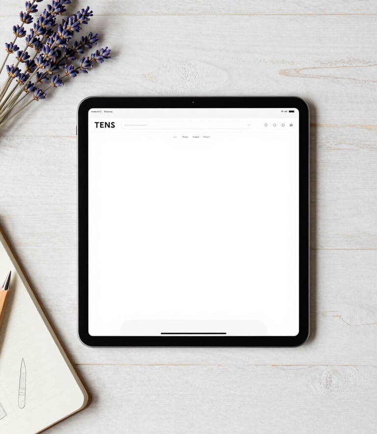 Overhead flat-lay of a clean wooden desk with a tablet showing a simple website layout, a notebook with pencil sketches, soft natural daylight, lavender accents, 35mm