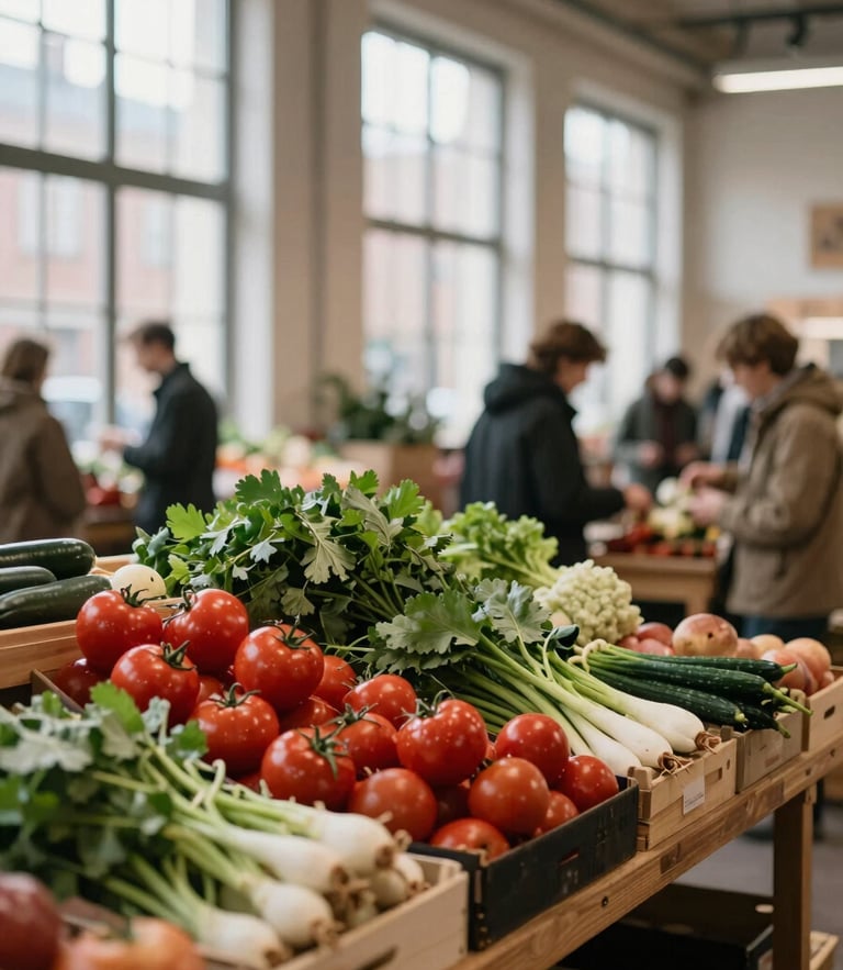 Cozy Scandinavian-style indoor market hall, soft natural light filtering through high windows, wooden tables with fresh organic produce, people browsing in the background, shallow depth of field
