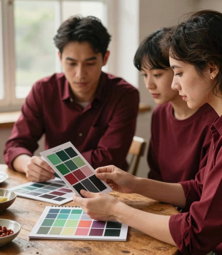 Soft-lit portrait of culinary content creators reviewing a digital mood board on a rustic wooden table, warm natural window light, rich crimson tones, shallow depth of field, 35mm.