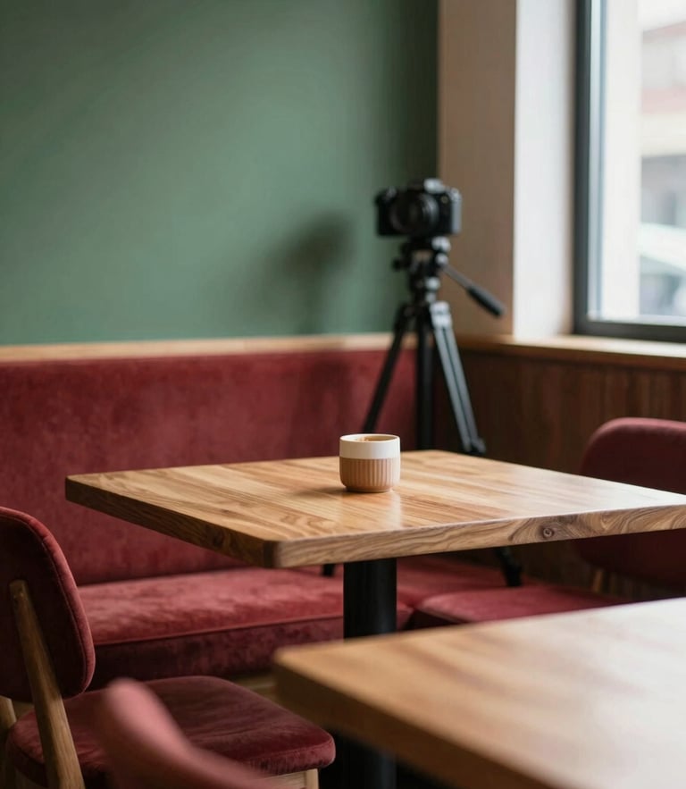 A cozy Scandinavian-style restaurant interior with soft natural side-lighting, warm wood tables, and a camera on a tripod positioned behind the pass.