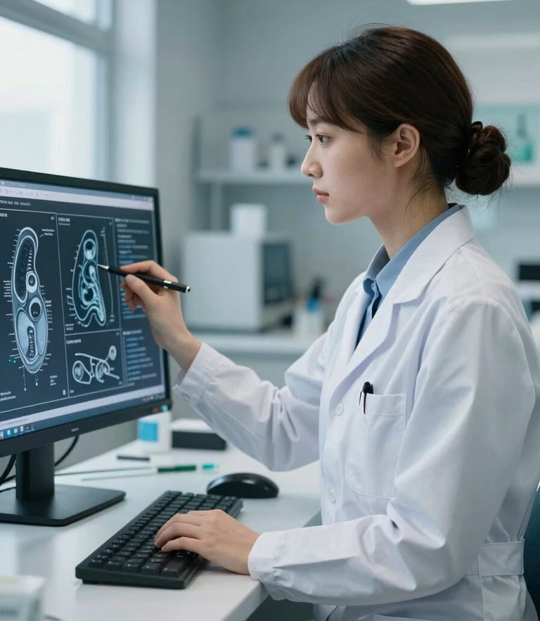 Editorial portrait of a female biomedical engineer in a cool-toned modern clinical space, analyzing medical schematics on a screen, soft blue and slate undertones, natural daylight, sharp focus, 35mm lens.