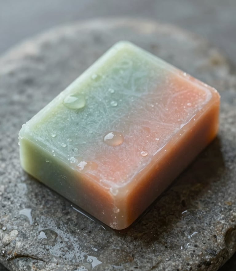 Macro close-up of a solid herbal shampoo bar resting on a damp, textured gray river stone, soft diffused overcast daylight, water droplets, 35mm editorial photography.