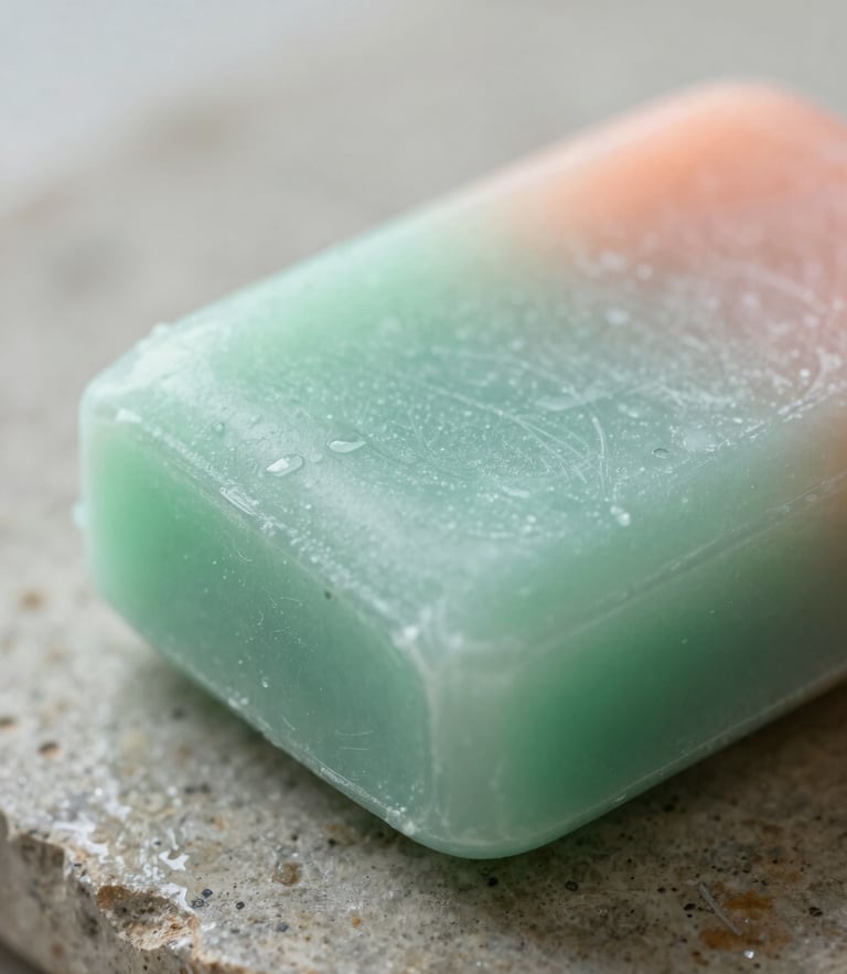 Macro close-up of a solid mint-green shampoo bar resting on raw damp stone, soft overcast daylight, 35mm editorial photography