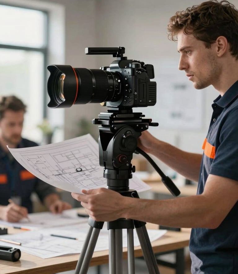 A high-end camera rig on a tripod filming a contractor explaining a blueprint in a sunlit workshop, sharp focus, 35mm lens
