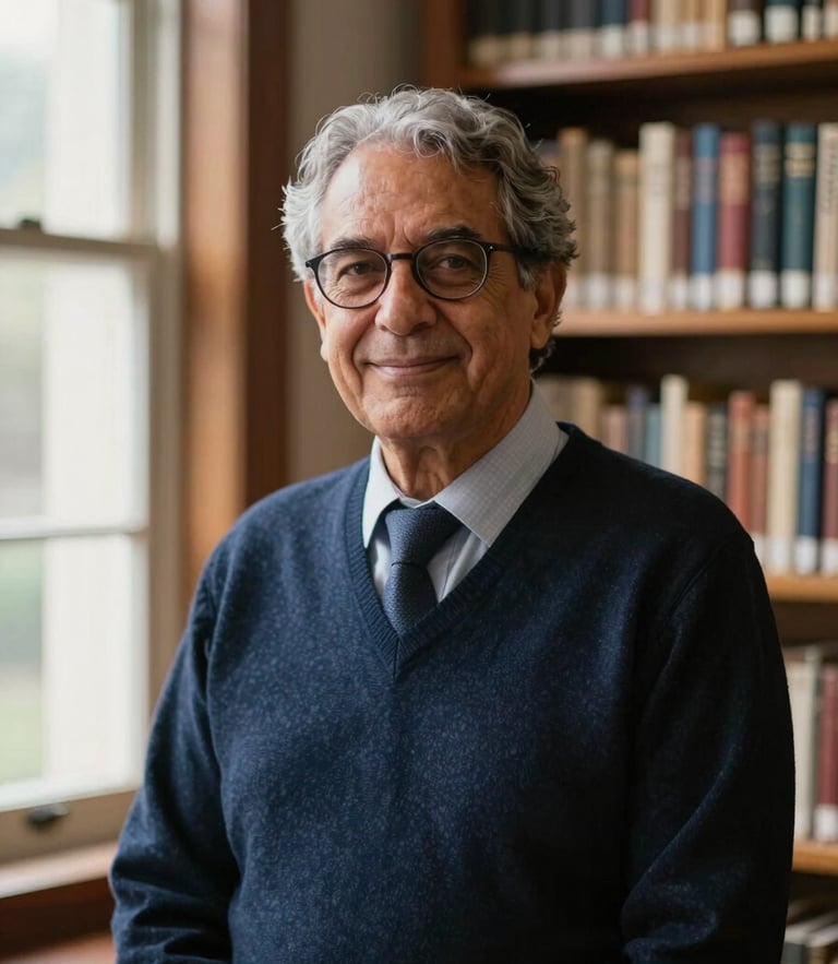Portrait of Professor Melquiedes teaching, warm academic library lighting, soft natural window light, deep navy tones, shallow depth of field, 35mm