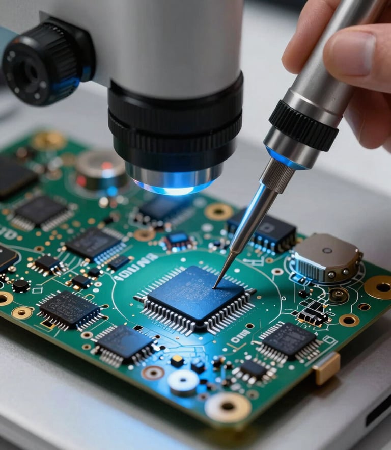 Extreme close-up macro shot of a MacBook logic board under a professional repair microscope, clinical blue lighting, soldering iron tip touching a micro-chip, high-precision technical workbench.