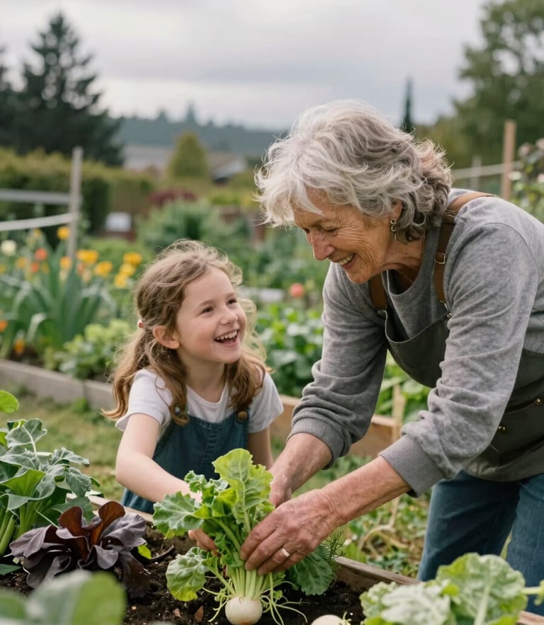 A warm, overcast day in a community garden in Seattle, an older woman and her granddaughter laughing while picking vegetables, soft natural Pacific Northwest light.