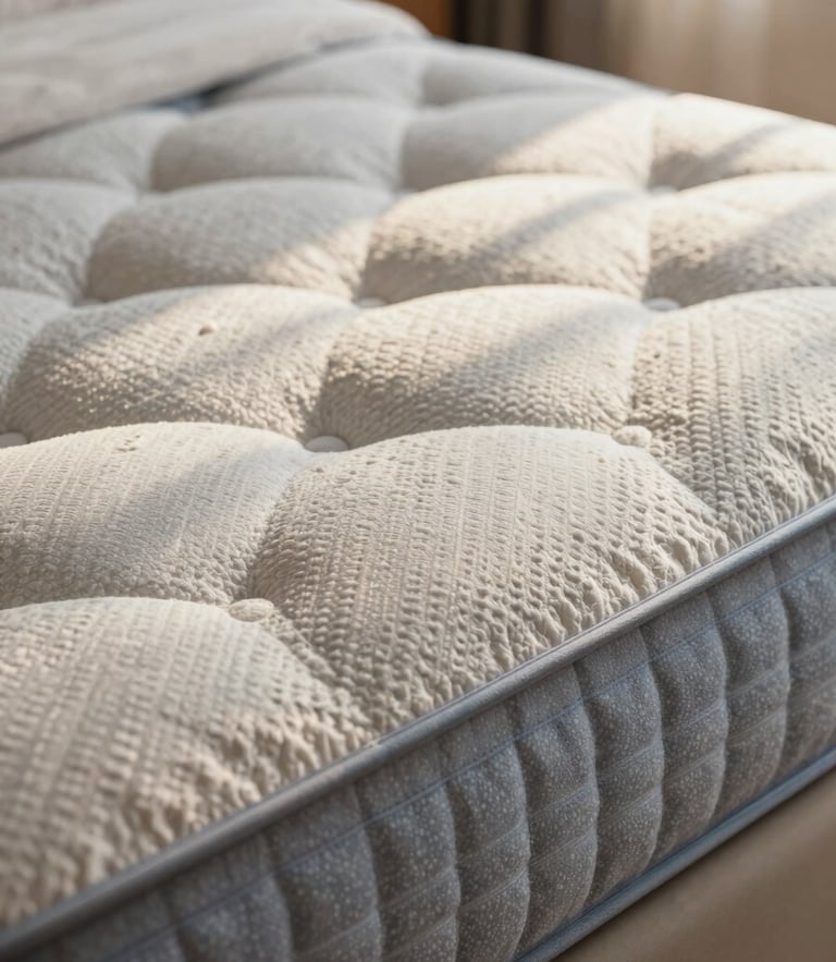 Close-up of premium mattress fabric textures, deep tufting, elegant stitching, bathed in warm diffused morning sunlight, luxury bedroom setting, 35mm