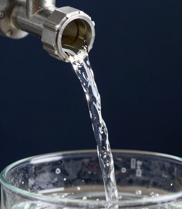 Crisp macro shot of crystal-clear water flowing from a high-pressure industrial outlet into a testing vessel, bright clean technical lighting, deep navy background.