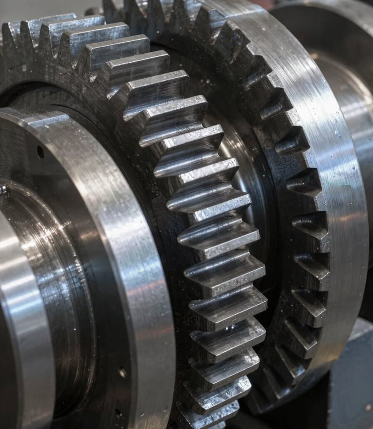 Sharp industrial photography of heavy-duty steel gears and precision hardware components, high-contrast metallic textures, cool daylight reflections, 50mm.