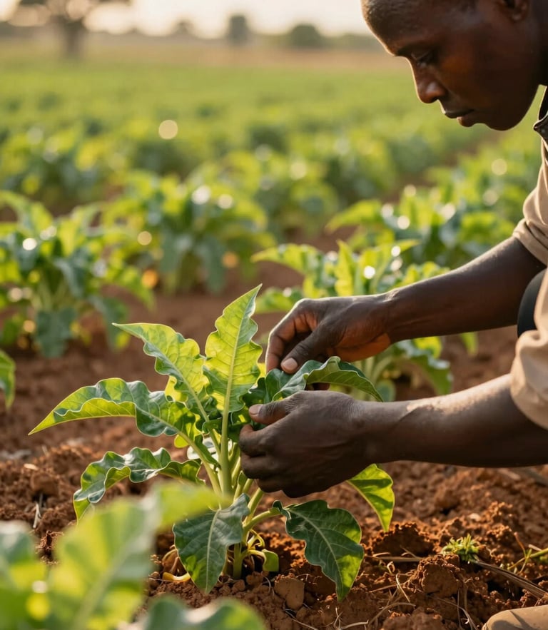Close-up of a technical expert inspecting fresh crops in a Mozambican agricultural field, bright warm golden-hour sunlight, rich green and clay-earth tones, 35mm