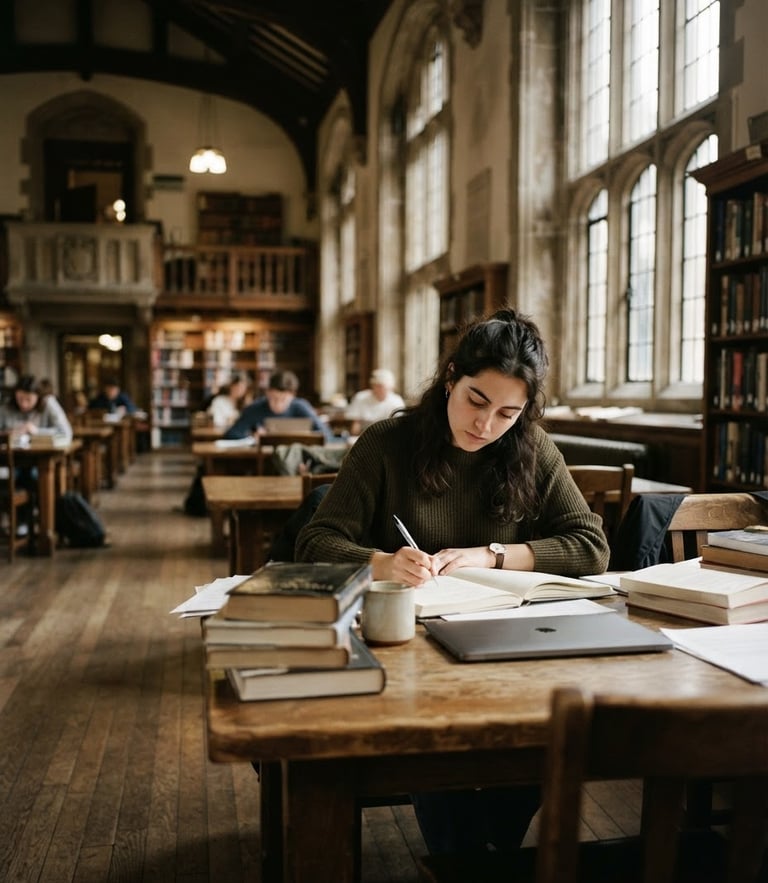 Wide environmental shot of a student in deep concentration at a wooden desk, soft natural light streaming through high windows, documentary film photography style, deep muted earth tones, 35mm lens.