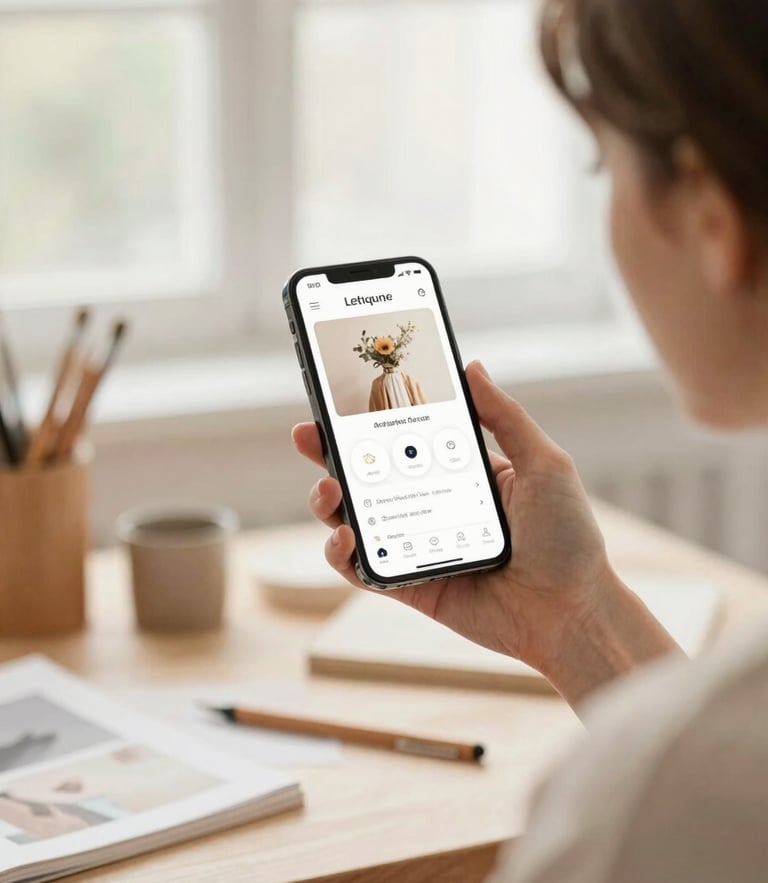 A focused woman in a bright, daylight-filled creative studio, holding a smartphone showing an elegant app interface, warm tones, soft focus background, 35mm lens