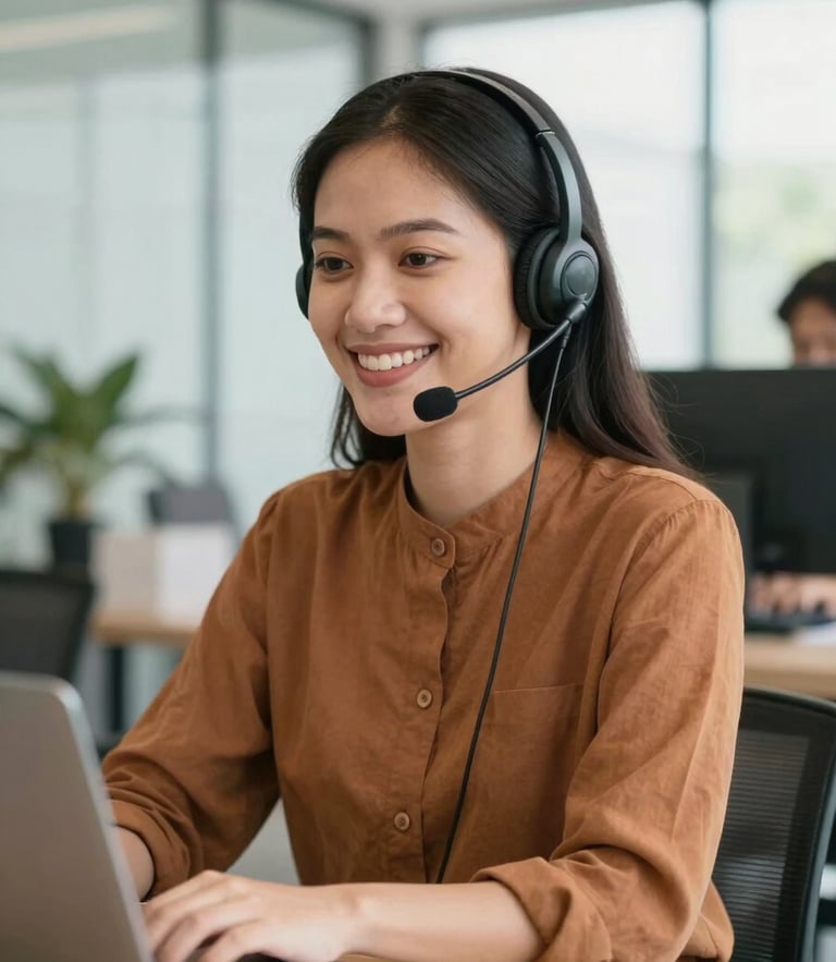 A friendly Indonesian female customer service agent wearing a headset, smiling warmly, bright natural daylight, modern minimalist office background, shallow depth of field, 35mm