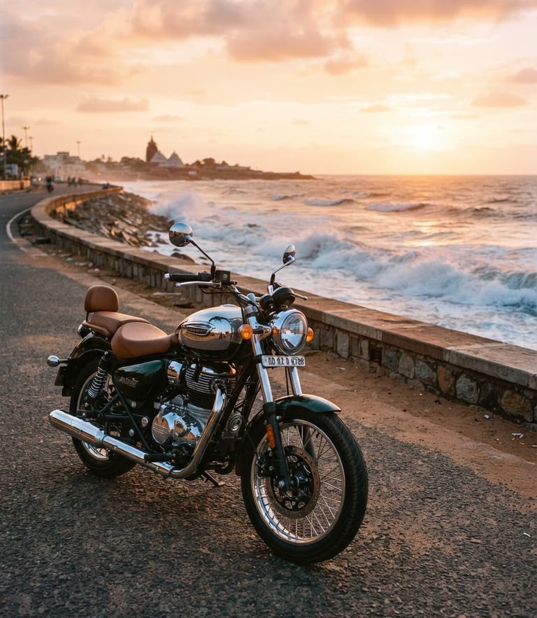 A pristine Royal Enfield cruiser parked on the side of Puri Marine Drive during golden hour, ocean waves crashing in the background, warm sunlight reflecting off the chrome handlebars, 35mm lens.