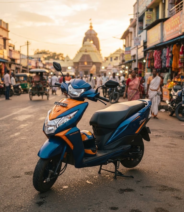 A clean saffron-accented Honda Dio scooter parked near central Grand Road in Puri, warm golden-hour coastal daylight, professional 35mm photography