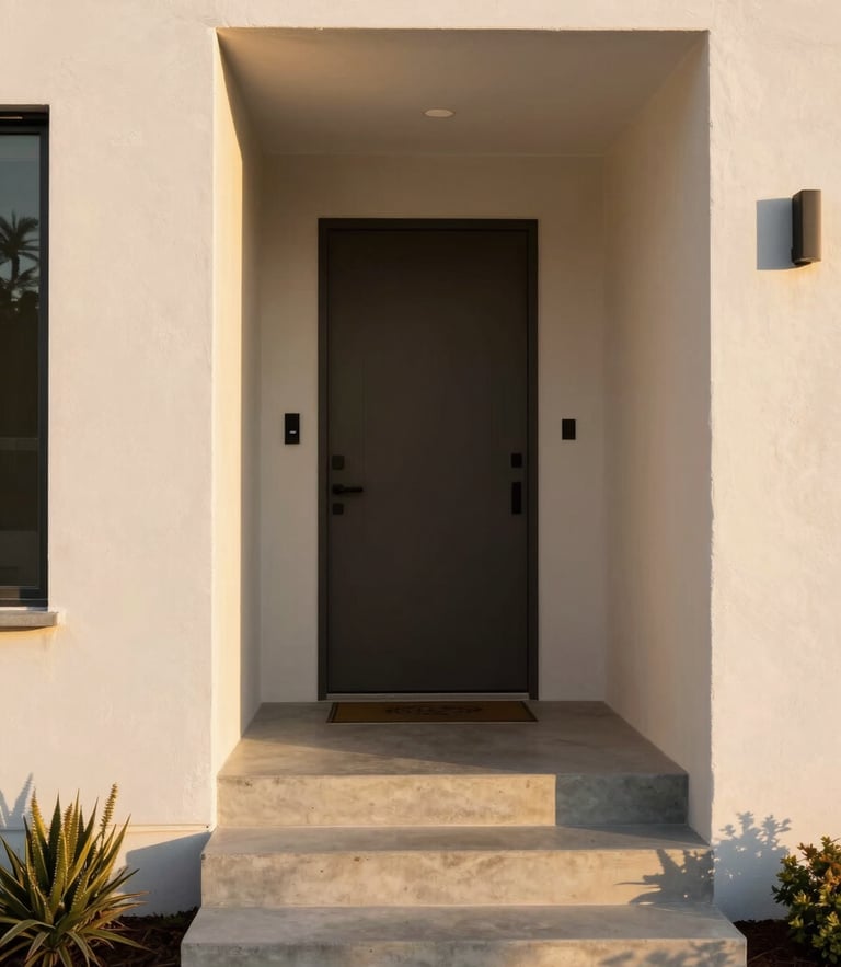 Portrait-oriented architectural shot of a modern detached ADU's entryway, warm golden-hour California sunlight, clean concrete steps.