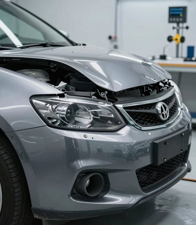 A close-up forensic shot of a severely damaged car front bumper and crumpled hood inside a clean, brightly lit professional inspection bay, technical measuring tools visible in the background.