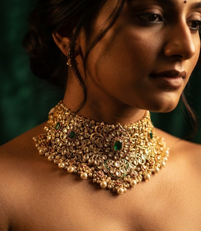 Macro close-up of a heavy gold-plated choker on a bride's neck, warm side-lit studio lighting, emerald green background, shallow depth of field