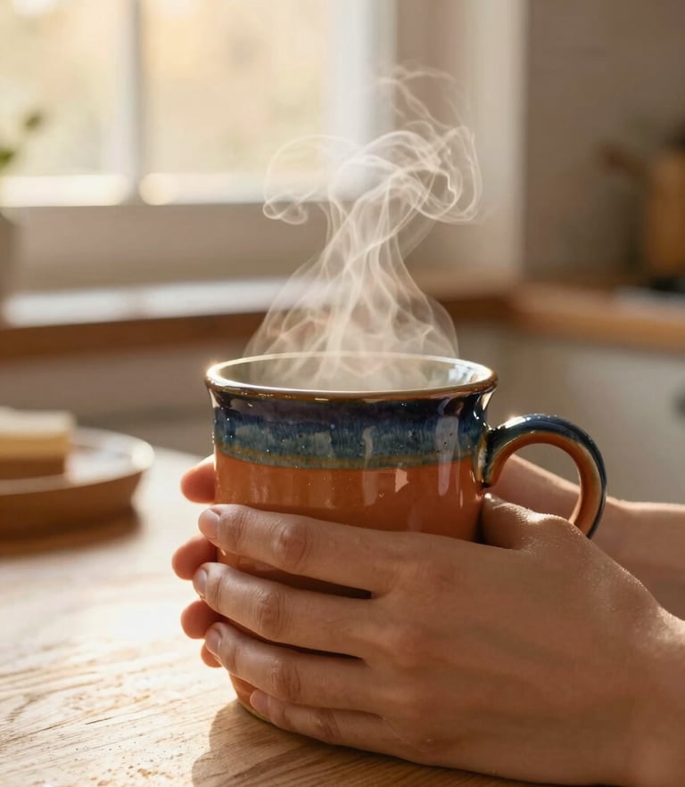 Hands wrapping around a warm terracotta ceramic mug, steam rising, cozy kitchen table setting with bright golden-hour window light.