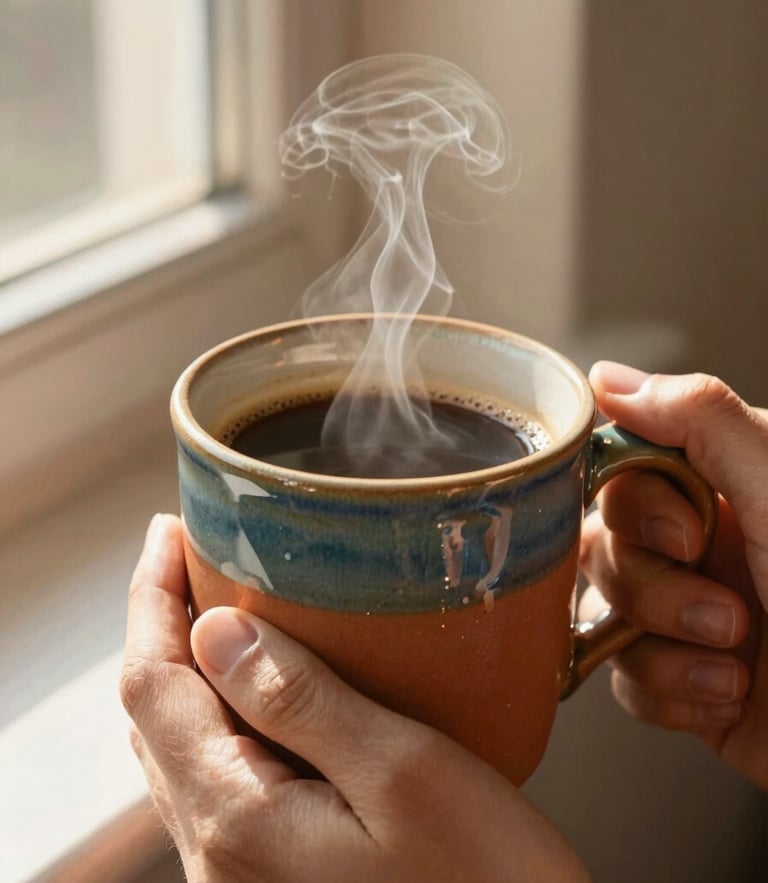 Hands holding a warm terracotta mug filled with steaming coffee, soft golden-hour window light casting gentle shadows, close-up tactile glaze texture.