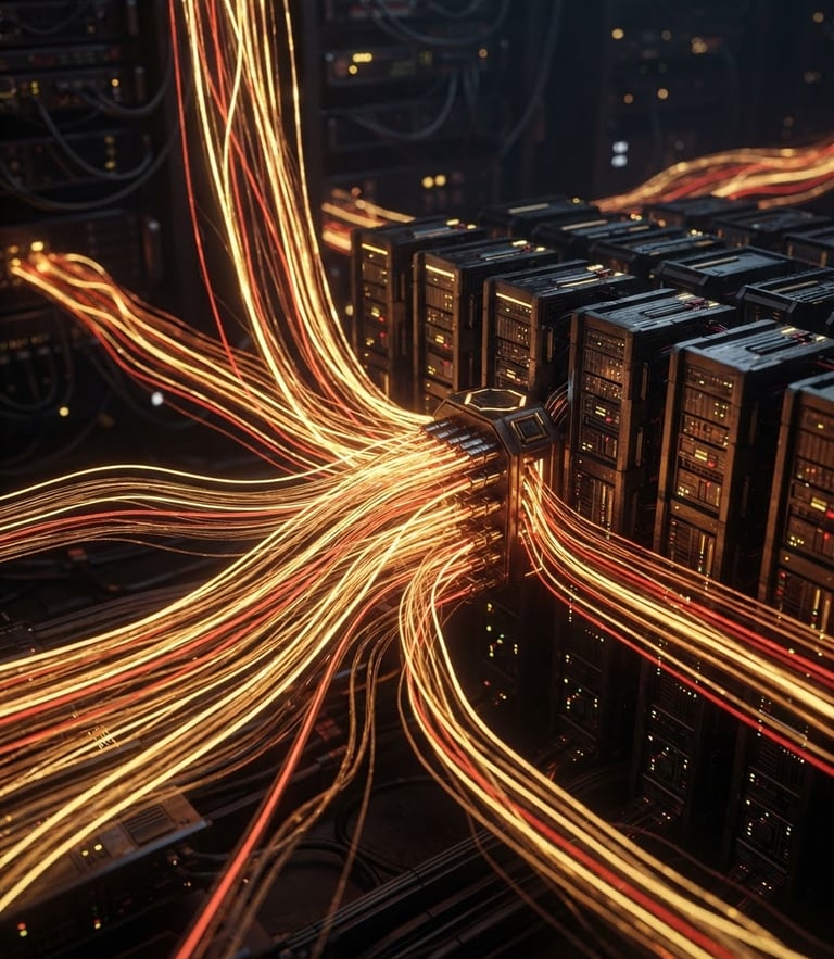 Sleek 3D render of glowing gold and red data lines flowing into structured database columns, dark tech aesthetic, macro depth of field