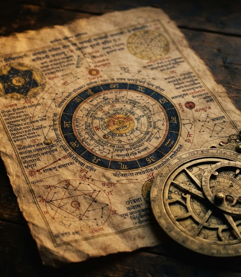 Macro shot of a hand-drawn Vedic astronomical chart on heavy parchment, brass astrolabe resting on the corner, moody low-key golden-hour lighting, shallow depth of field