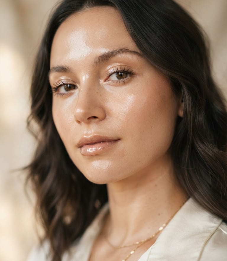 Macro beauty portrait of a woman with dewy, hydrated skin, soft warm window light, elegant beige background, shallow depth of field, 35mm