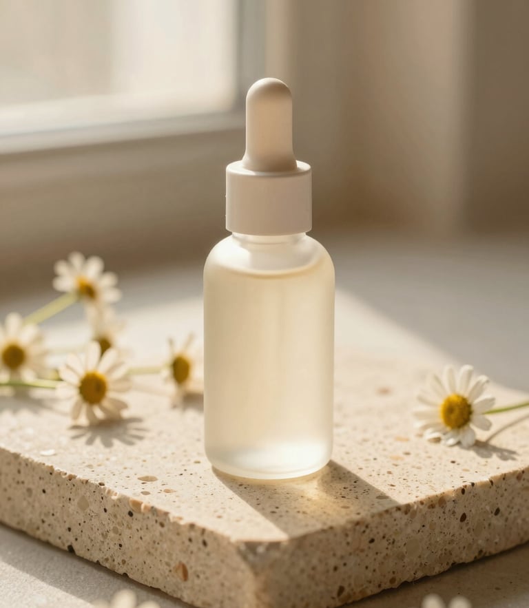 Close-up of frosted glass skincare bottle resting on textured travertine stone, soft golden hour sunlight, chamomile flowers in soft focus, warm beige palette