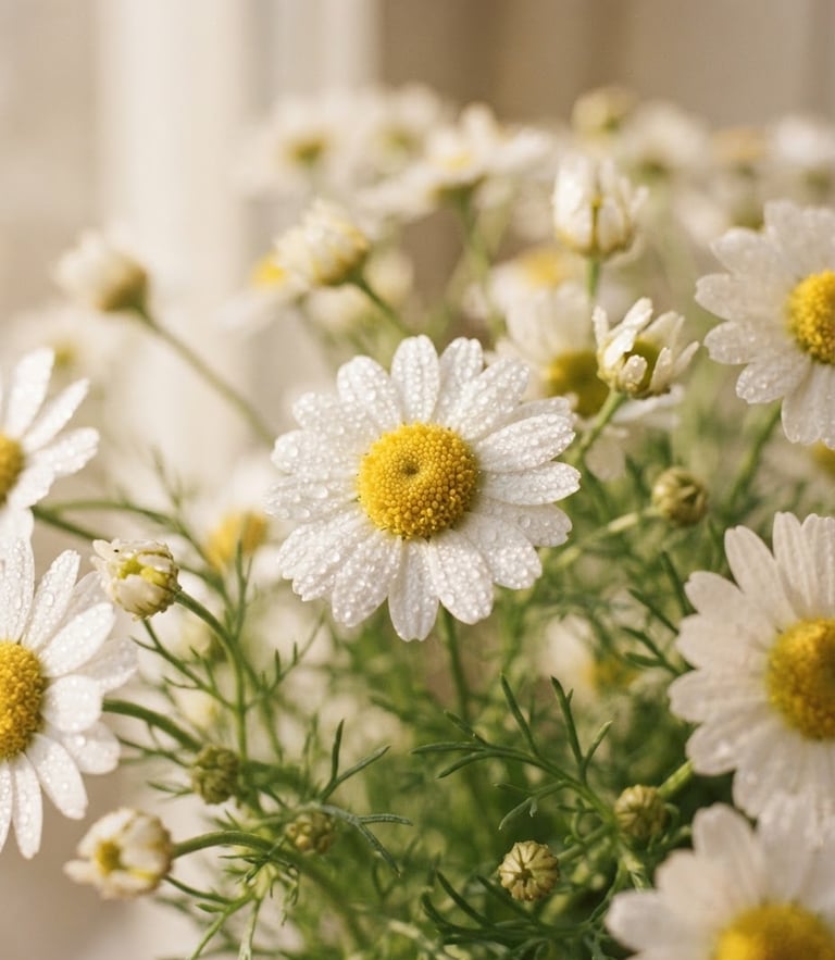 Macro close-up of delicate chamomile flowers bathed in soft, warm window light, dewy petals with water droplets, shallow depth of field, 35mm editorial photography