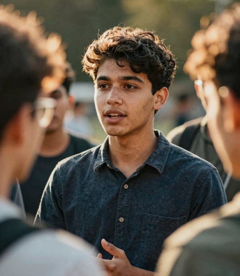 A close-up shot of a young leader speaking confidently in an outdoor collaborative circle, warm golden-hour sunlight, rich vibrant tones, shallow depth of field, 35mm film style.