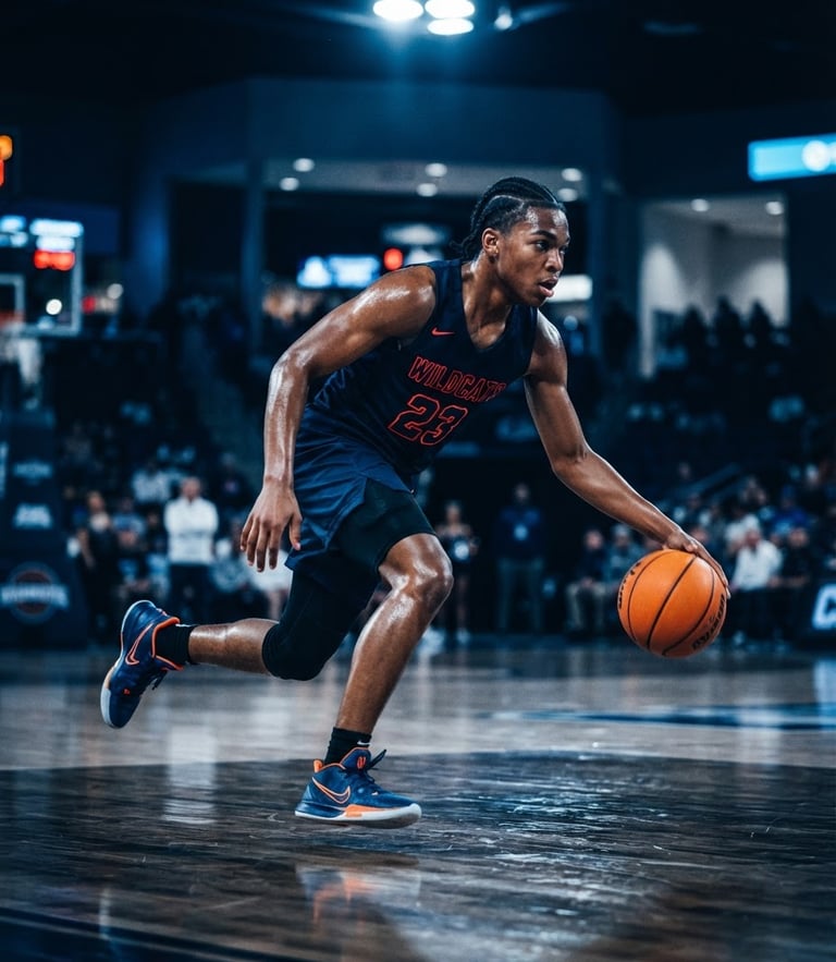 Dynamic low-angle shot of a young basketball player mid-dribble on an indoor court, dramatic stadium lighting, side-lit sweat, deep blue color grading.