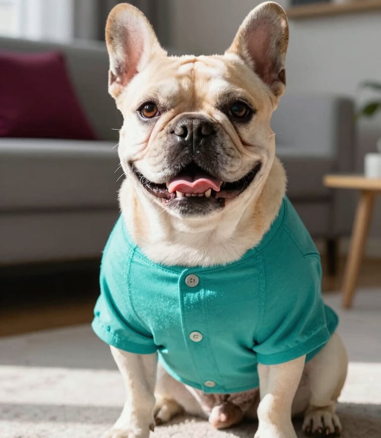 A happy French Bulldog wearing a vibrant teal handmade shirt, sitting in a sunlit modern living room, warm editorial pet photography, shallow depth of field, 35mm