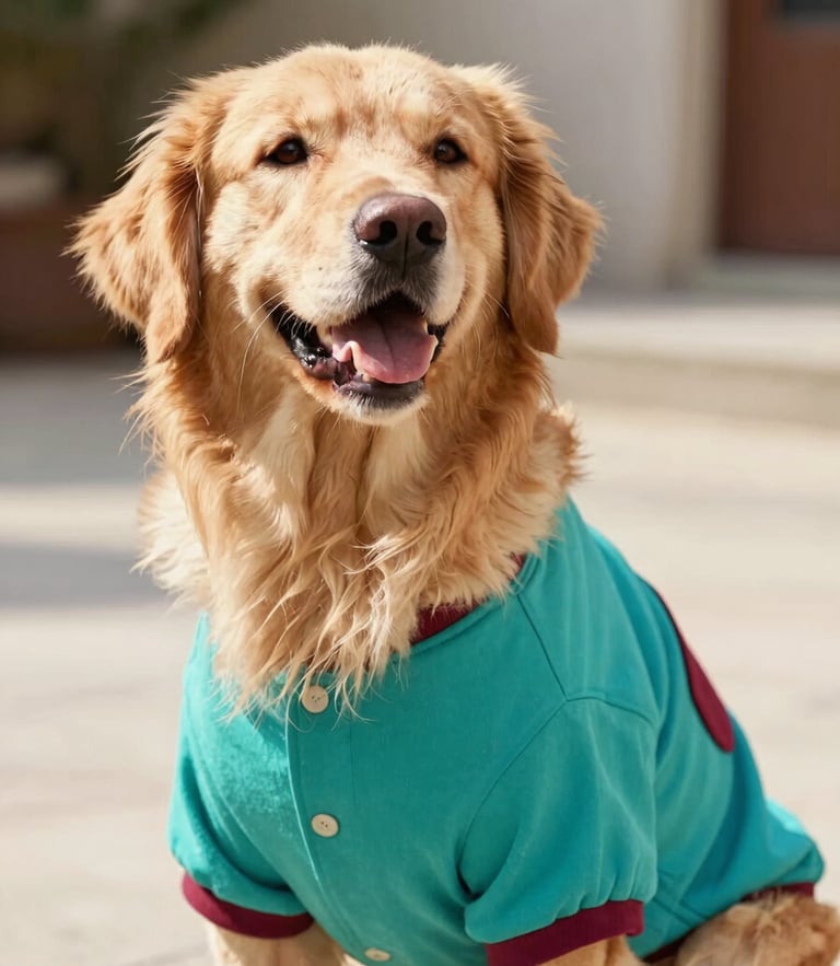 Warm editorial pet photography, a happy golden retriever wearing a colorful teal handmade shirt, bright natural daylight, shallow depth of field, 35mm