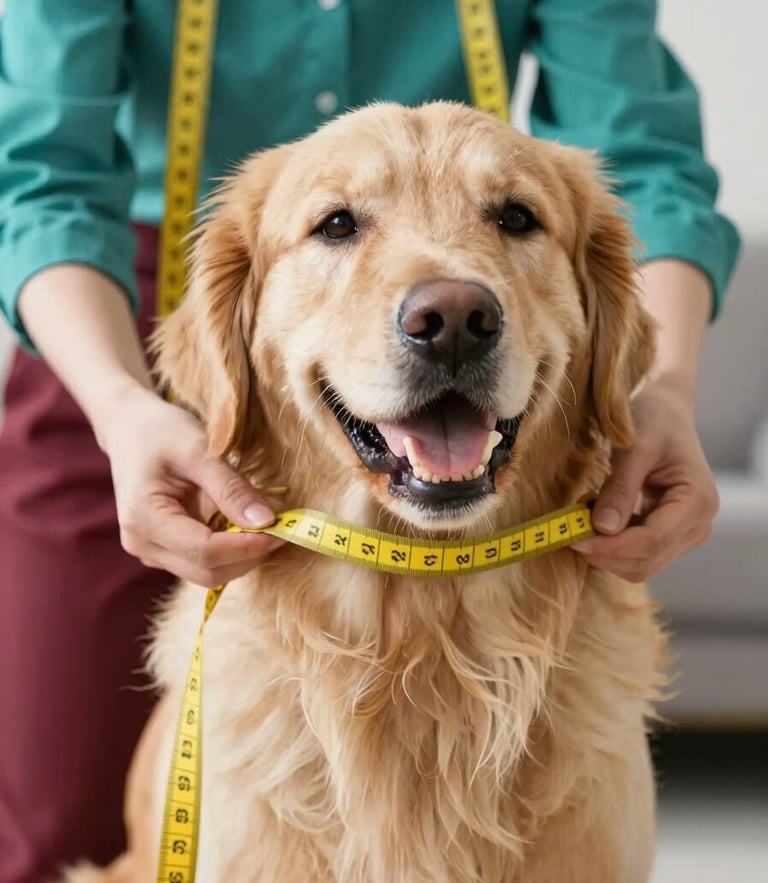 A happy golden retriever being gently measured with a soft yellow tape measure by a tailor, warm editorial pet photography, bright natural daylight, shallow depth of field, 35mm