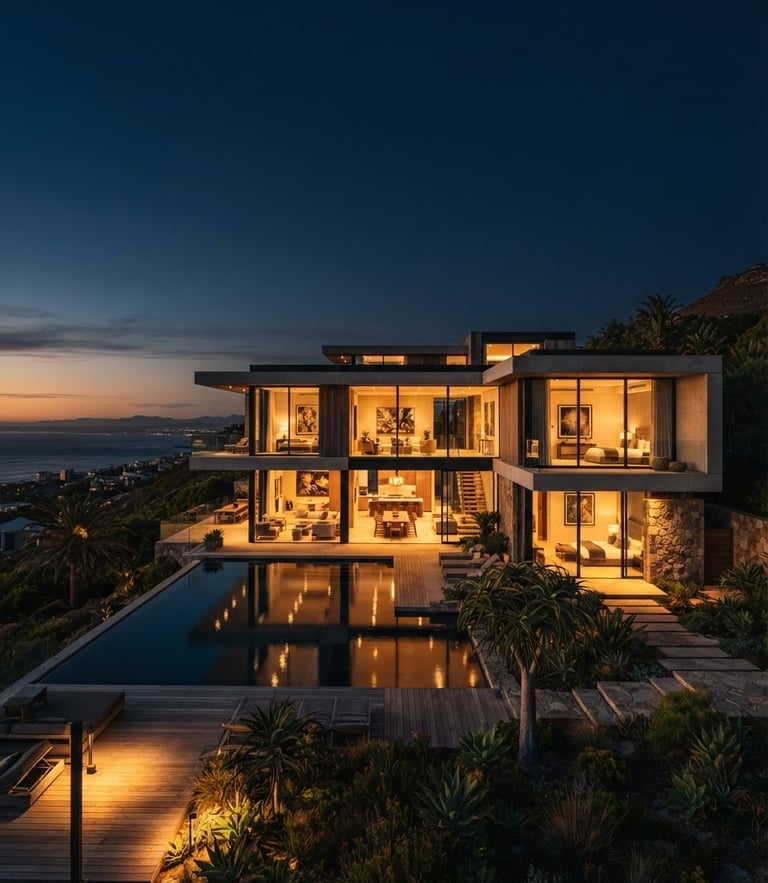 Architectural wide-angle shot of a modern luxury residential villa at golden hour, clean lines, deep navy sky, warm gold interior lighting glowing through large windows, 35mm