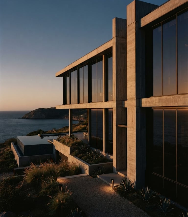 Architectural exterior of a minimalist concrete and glass luxury villa during the golden hour, deep navy reflections, sharp vertical lines, 35mm