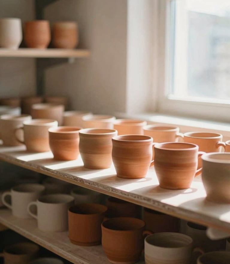 A warm, sunlit ceramics studio with shelves of hand-thrown terracotta mugs, bright morning light pouring through a window, shallow depth of field, 35mm